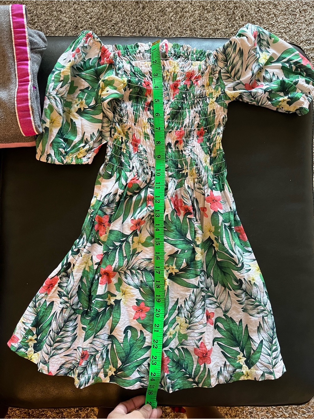 Tropical Off-Shoulder Smocked Sundress — Green, Red, Yellow Floral